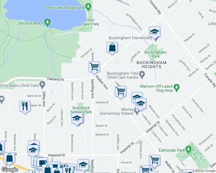 map of restaurants, bars, coffee shops, grocery stores, and more near 6108 Walker Avenue in Burnaby