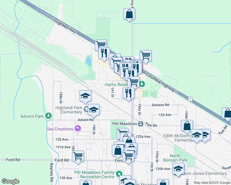 map of restaurants, bars, coffee shops, grocery stores, and more near in Pitt Meadows