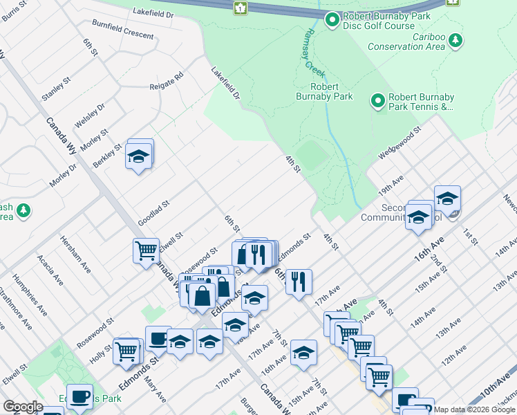 map of restaurants, bars, coffee shops, grocery stores, and more near 7943 Rosewood Street in Burnaby