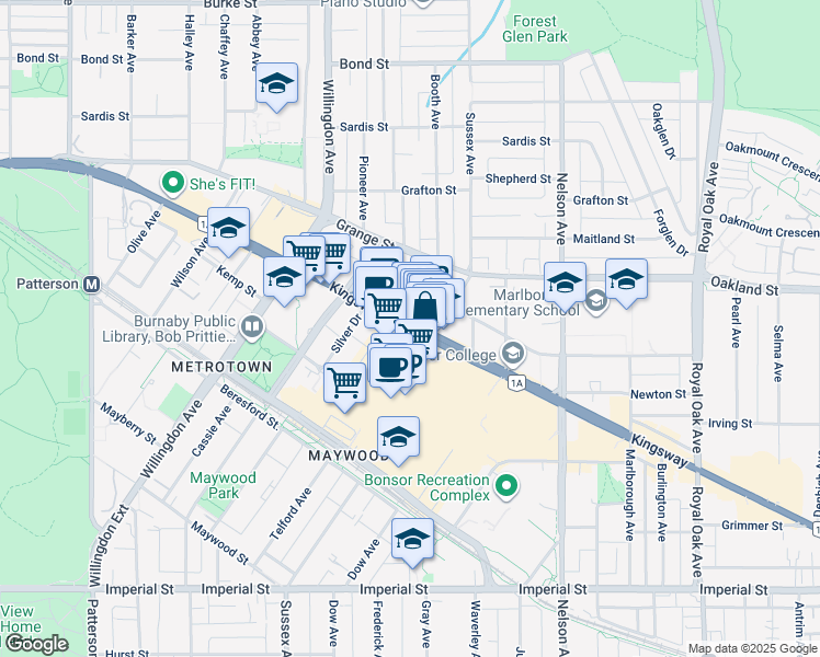 map of restaurants, bars, coffee shops, grocery stores, and more near 4689 Kingsway in Burnaby
