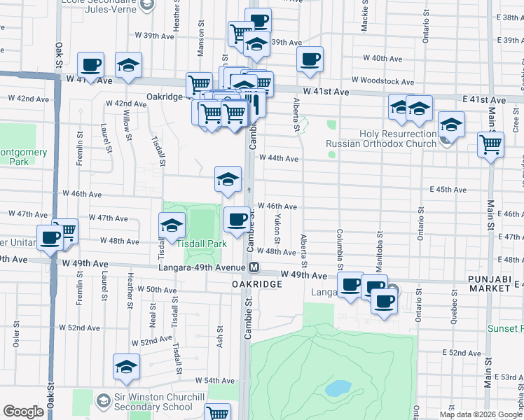 map of restaurants, bars, coffee shops, grocery stores, and more near in Vancouver