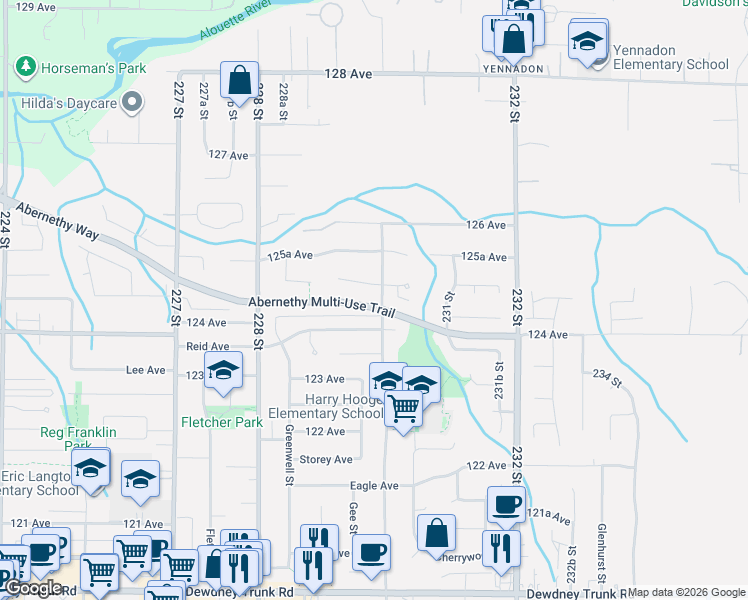 map of restaurants, bars, coffee shops, grocery stores, and more near 22980 Abernethy Lane in Maple Ridge