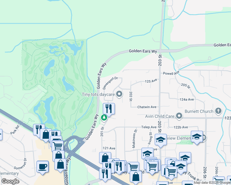 map of restaurants, bars, coffee shops, grocery stores, and more near 12428 201 Street in Maple Ridge