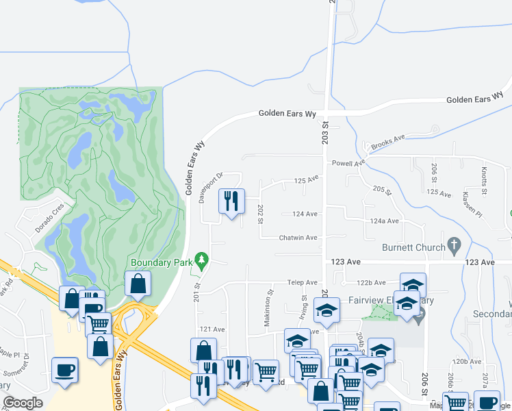 map of restaurants, bars, coffee shops, grocery stores, and more near 12425 202 Street in Maple Ridge
