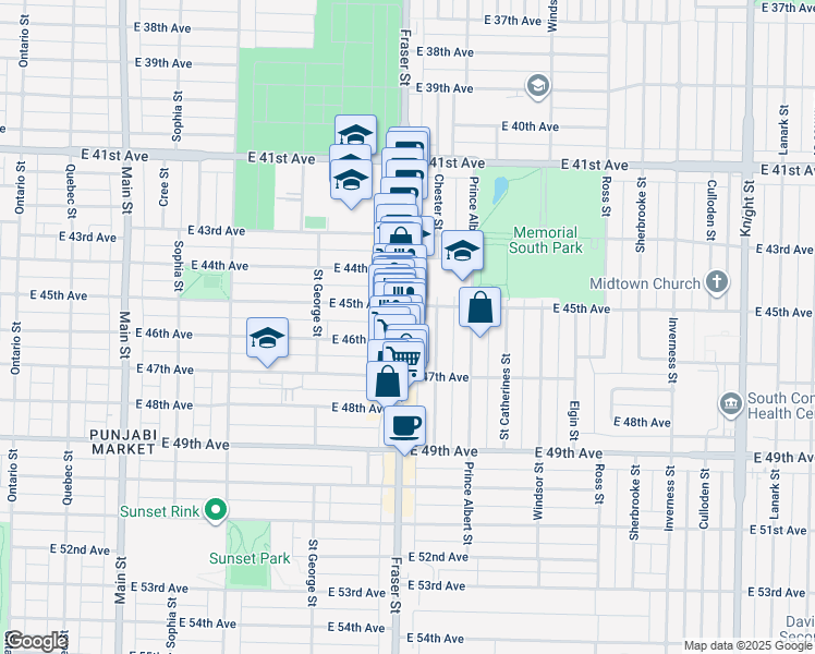 map of restaurants, bars, coffee shops, grocery stores, and more near 6172 Fraser Street in Vancouver