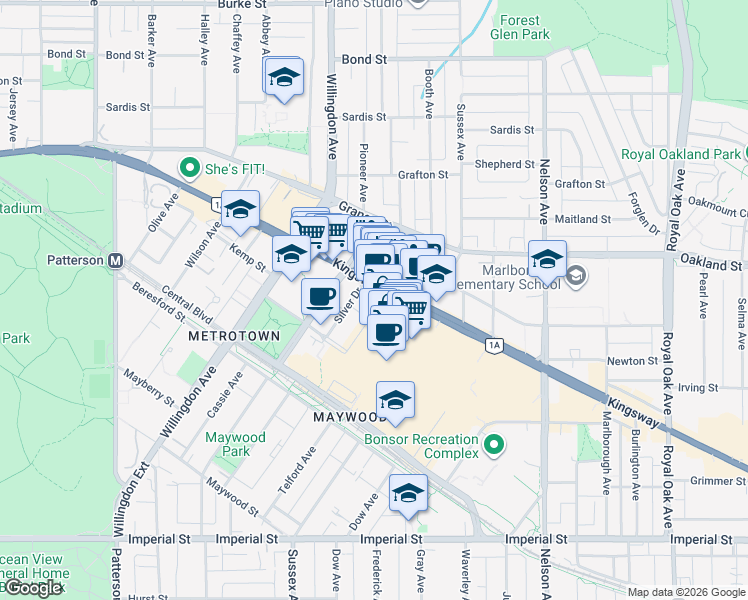 map of restaurants, bars, coffee shops, grocery stores, and more near 4688 Kingsway in Burnaby