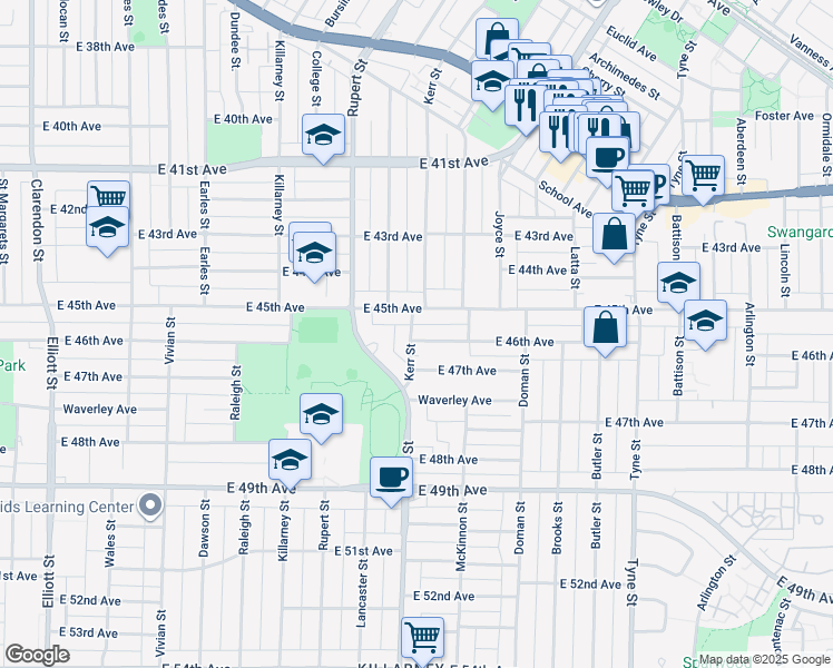 map of restaurants, bars, coffee shops, grocery stores, and more near 3101 East 46th Avenue in Vancouver