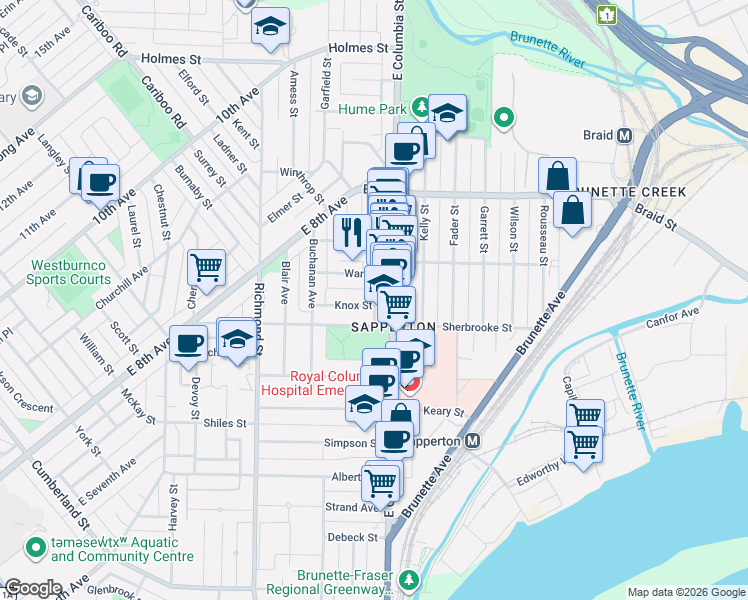 map of restaurants, bars, coffee shops, grocery stores, and more near 315 Knox Street in New Westminster