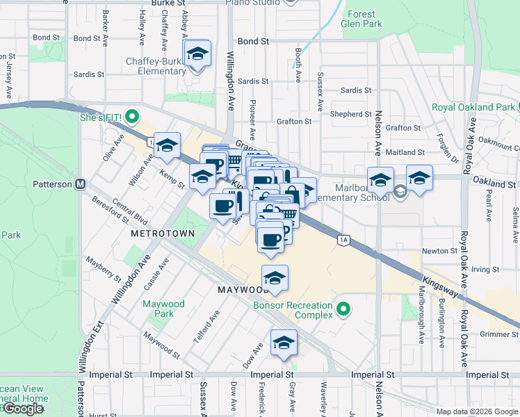map of restaurants, bars, coffee shops, grocery stores, and more near 4688 Kingsway in Burnaby
