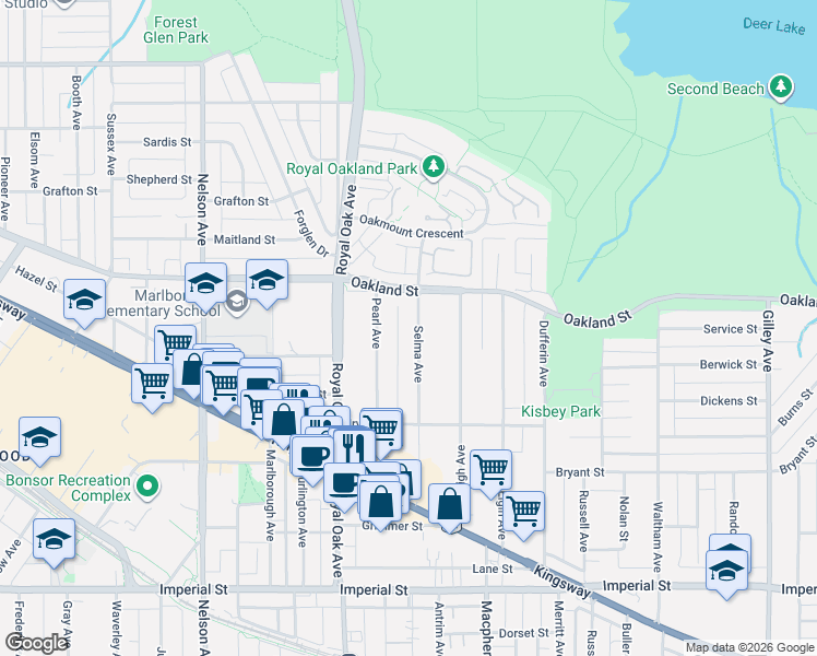 map of restaurants, bars, coffee shops, grocery stores, and more near 6091 Selma Avenue in Burnaby