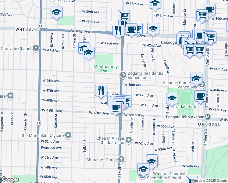 map of restaurants, bars, coffee shops, grocery stores, and more near 1019 West 47th Avenue in Vancouver