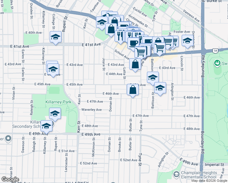map of restaurants, bars, coffee shops, grocery stores, and more near 3259 East 46th Avenue in Vancouver