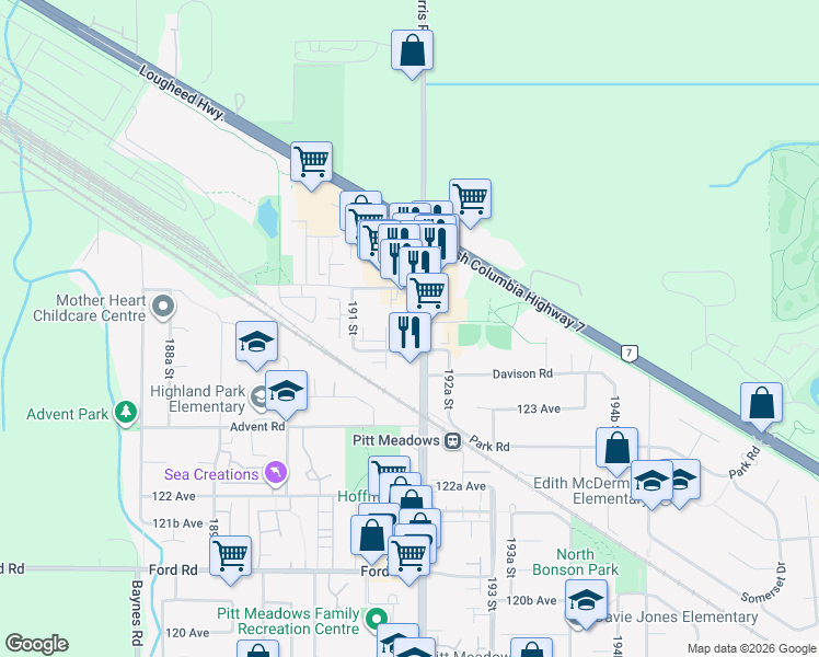 map of restaurants, bars, coffee shops, grocery stores, and more near 12439 Harris Road in Pitt Meadows