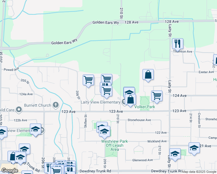 map of restaurants, bars, coffee shops, grocery stores, and more near 20918 Meadow Place in Maple Ridge