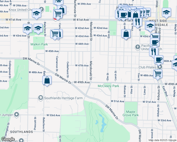 map of restaurants, bars, coffee shops, grocery stores, and more near 6369 Macdonald Street in Vancouver