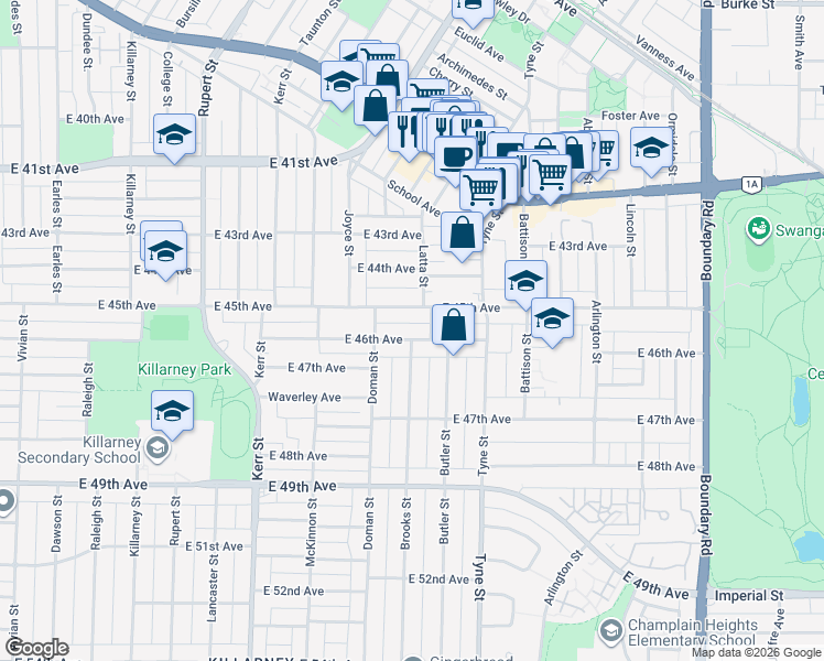 map of restaurants, bars, coffee shops, grocery stores, and more near 3281 East 46th Avenue in Vancouver