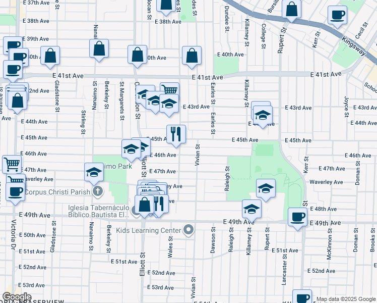 map of restaurants, bars, coffee shops, grocery stores, and more near 2719 East 46th Avenue in Vancouver