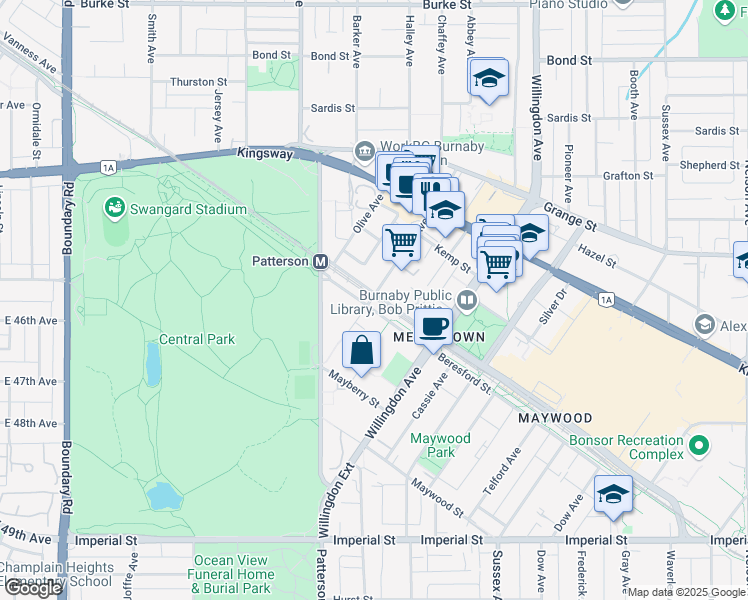 map of restaurants, bars, coffee shops, grocery stores, and more near 90 Central Boulevard in Burnaby