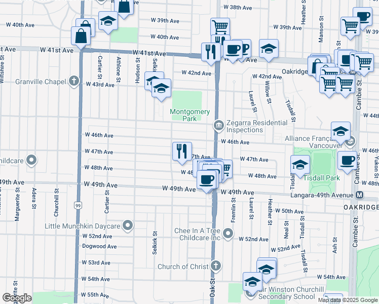 map of restaurants, bars, coffee shops, grocery stores, and more near 1079 West 47th Avenue in Vancouver
