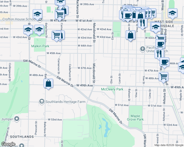 map of restaurants, bars, coffee shops, grocery stores, and more near 6369 Macdonald Street in Vancouver