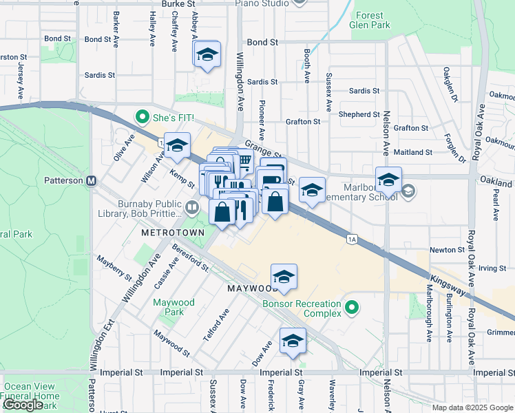map of restaurants, bars, coffee shops, grocery stores, and more near 6200 McKay Avenue in Burnaby