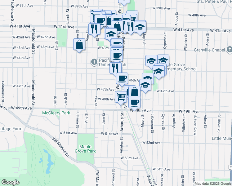 map of restaurants, bars, coffee shops, grocery stores, and more near 6333 West Boulevard in Vancouver