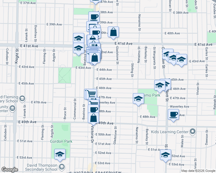 map of restaurants, bars, coffee shops, grocery stores, and more near in Vancouver