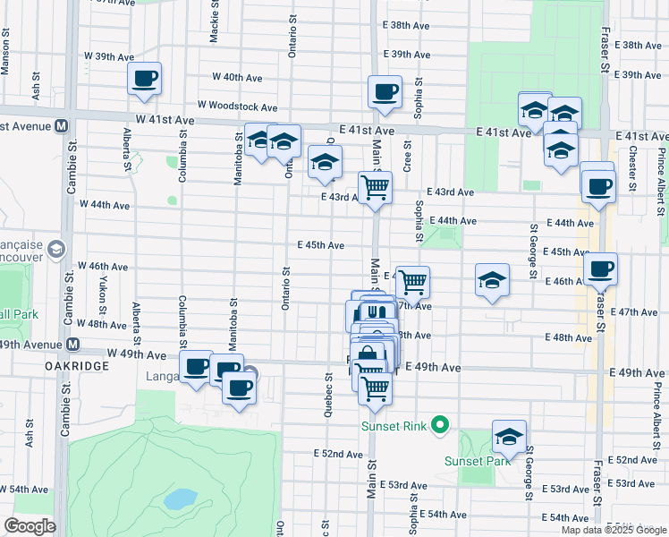 map of restaurants, bars, coffee shops, grocery stores, and more near 103 East 46th Avenue in Vancouver