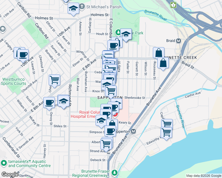 map of restaurants, bars, coffee shops, grocery stores, and more near 416 East Columbia Street in New Westminster