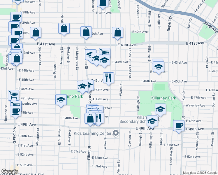 map of restaurants, bars, coffee shops, grocery stores, and more near 6075 Wales Street in Vancouver