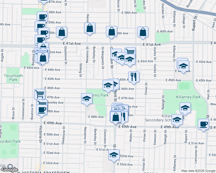 map of restaurants, bars, coffee shops, grocery stores, and more near 2531 East 46th Avenue in Vancouver