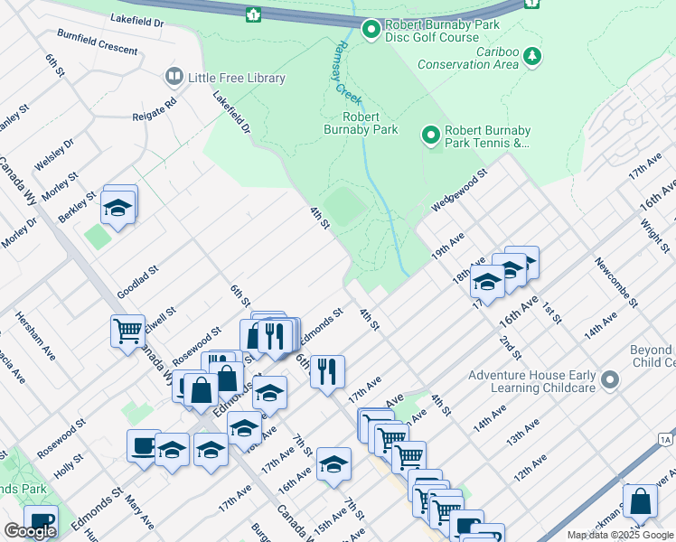 map of restaurants, bars, coffee shops, grocery stores, and more near 7135 4th Street in Burnaby