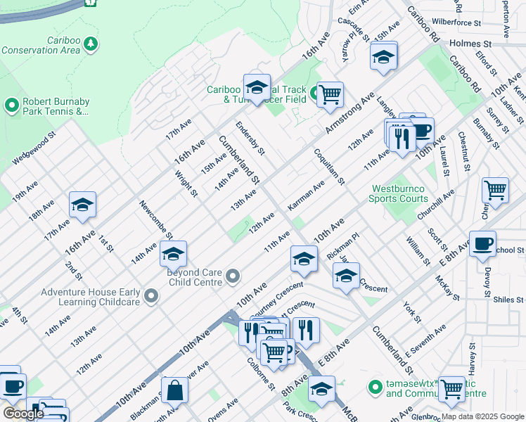 map of restaurants, bars, coffee shops, grocery stores, and more near 8475 12th Avenue in Burnaby