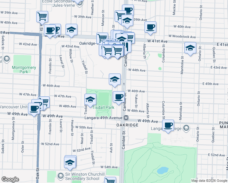 map of restaurants, bars, coffee shops, grocery stores, and more near 6198 Ash Street in Vancouver