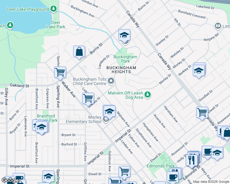 map of restaurants, bars, coffee shops, grocery stores, and more near 6375 Buckingham Drive in Burnaby