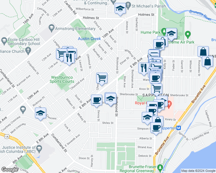 map of restaurants, bars, coffee shops, grocery stores, and more near 344 East 8th Avenue in New Westminster