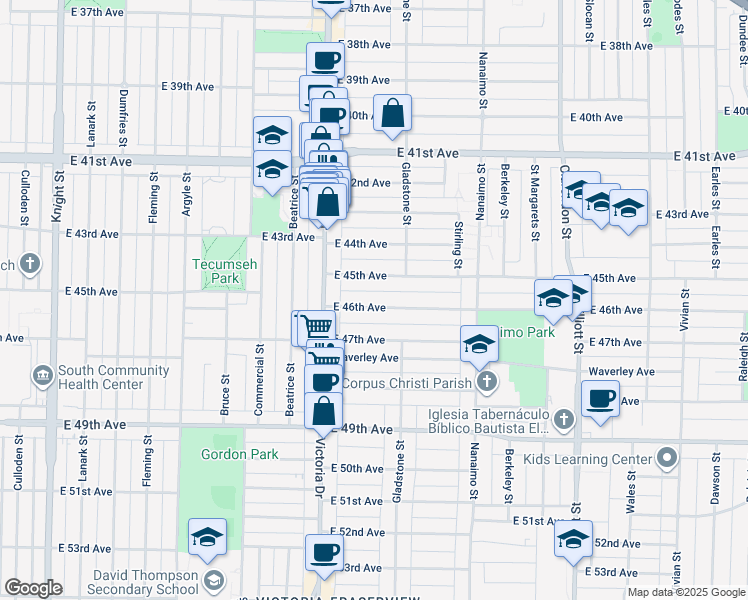 map of restaurants, bars, coffee shops, grocery stores, and more near 2111 East 46th Avenue in Vancouver