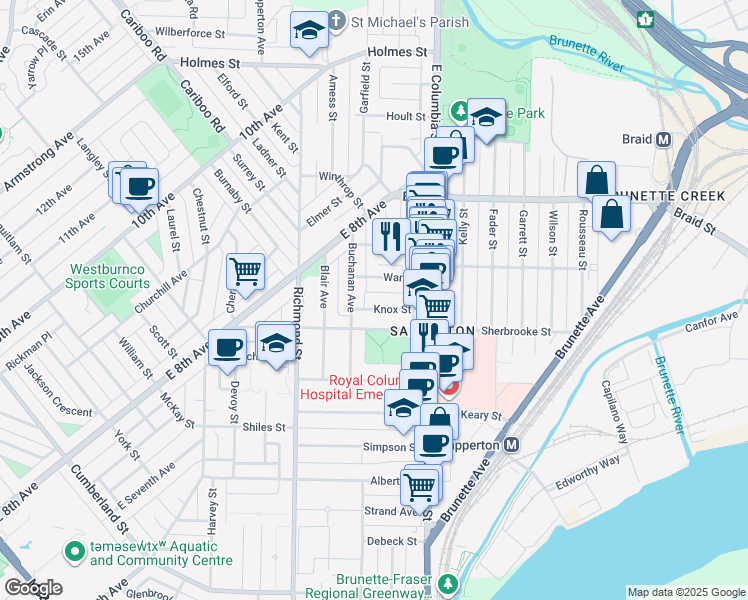map of restaurants, bars, coffee shops, grocery stores, and more near 331 Knox Street in New Westminster