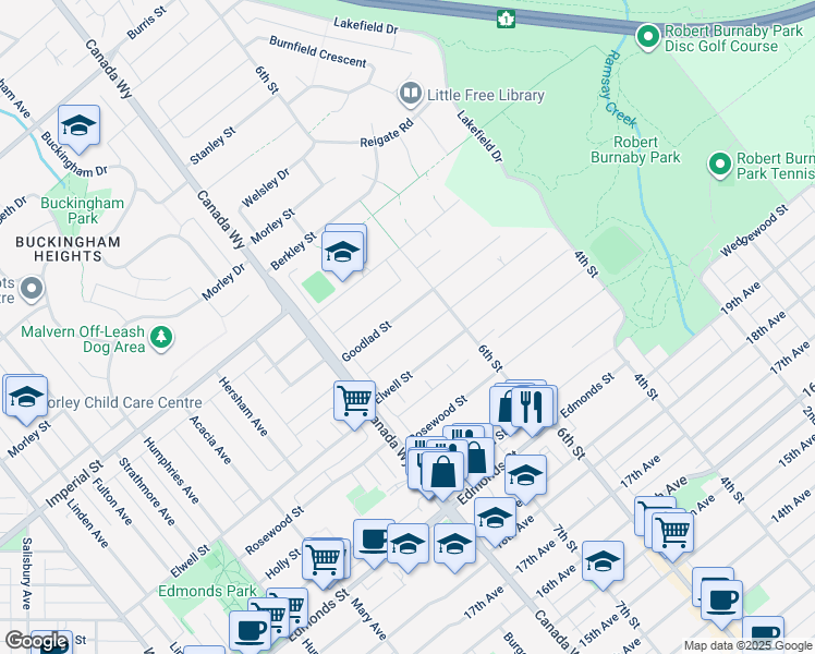 map of restaurants, bars, coffee shops, grocery stores, and more near 7822 Goodlad Street in Burnaby