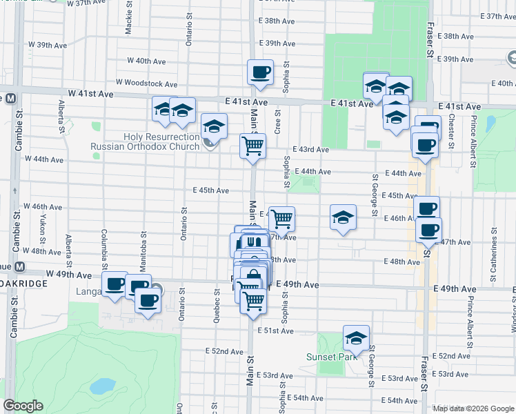 map of restaurants, bars, coffee shops, grocery stores, and more near 6176 Main Street in Vancouver
