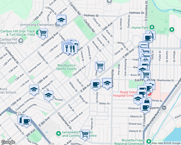 map of restaurants, bars, coffee shops, grocery stores, and more near 824 Chestnut Street in New Westminster