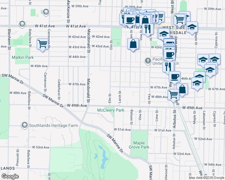 map of restaurants, bars, coffee shops, grocery stores, and more near 6338 Elm Street in Vancouver