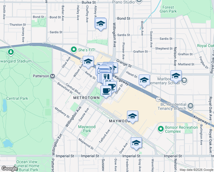 map of restaurants, bars, coffee shops, grocery stores, and more near 6083 McKay Avenue in Burnaby