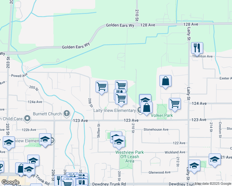map of restaurants, bars, coffee shops, grocery stores, and more near 20903 Meadow Place in Maple Ridge