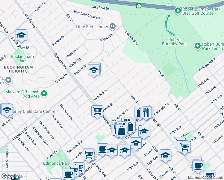 map of restaurants, bars, coffee shops, grocery stores, and more near 7790 Goodlad Street in Burnaby
