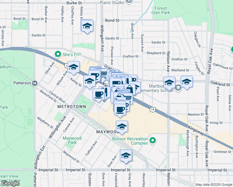 map of restaurants, bars, coffee shops, grocery stores, and more near in Burnaby