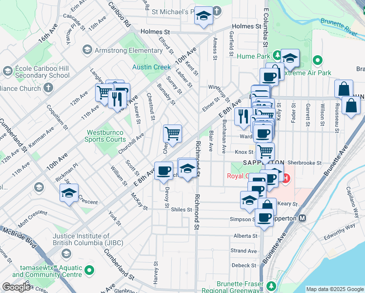 map of restaurants, bars, coffee shops, grocery stores, and more near 344 East 8th Avenue in New Westminster