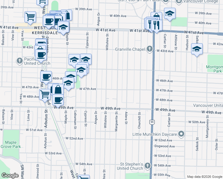 map of restaurants, bars, coffee shops, grocery stores, and more near West 47th Avenue in Vancouver