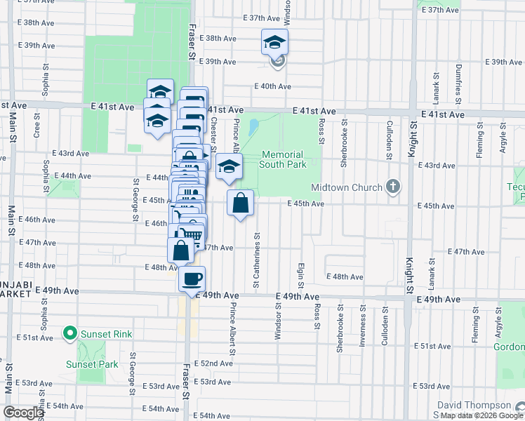map of restaurants, bars, coffee shops, grocery stores, and more near 6128 Saint Catherines Street in Vancouver