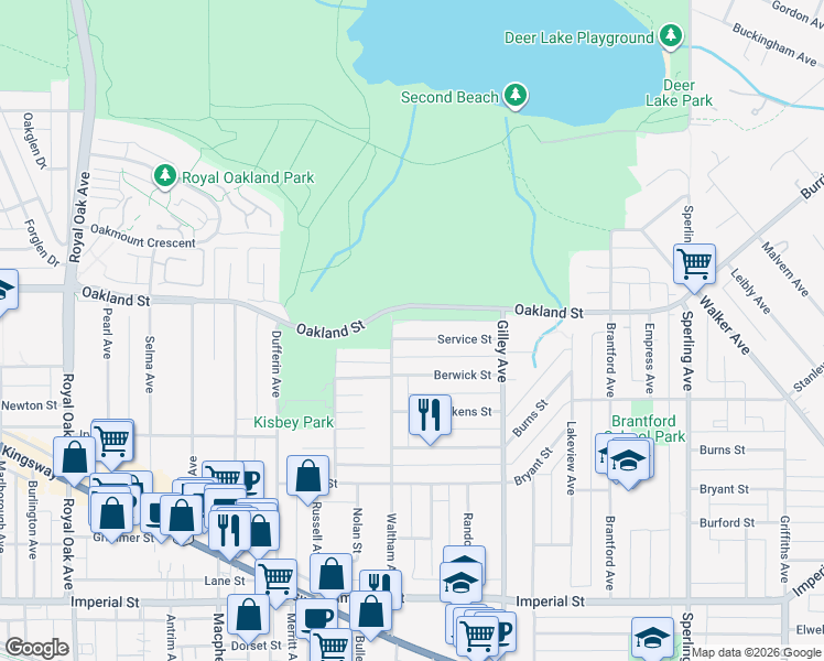 map of restaurants, bars, coffee shops, grocery stores, and more near 6037 Service Street in Burnaby
